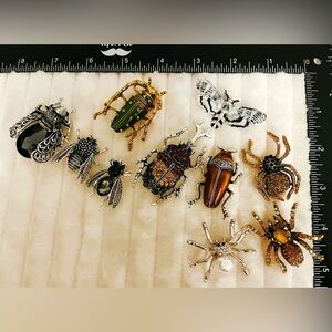 Lot of 10 Insect Brooches Bug Pins Beetle Spider Moth Rhinestone Enamel Jewelry